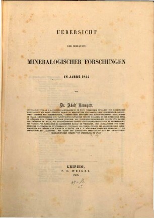 Übersicht der Resultate mineralogischer Forschungen : in d. Jahren .... 1855 (1856)