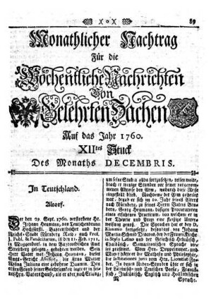 Monathlicher Nachtrag [...] XIItes Stuck Des Monaths Decembris