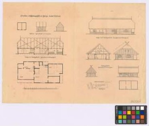 Gilge (Landkreis Labiau): Fischereigehöft. - Pukine (Grundriss, Seiten-Ansicht, Giebel-Ansicht). - Wohn- und Stallgebäude (Längsschnitt, Grundriss, Seiten-Ansicht, Querschnitt, Giebel-Ansicht). - Stallgebäude (Giebel-Ansicht, Seiten-Ansicht, Grundriss). - Lageplan