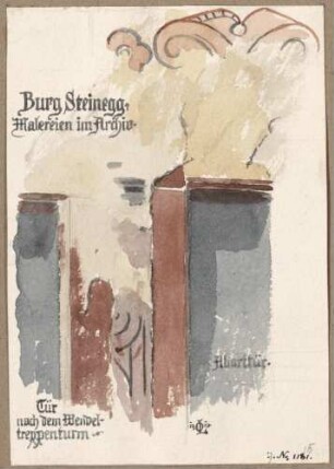 Steinegg Burg Steinegg Malereien im Archiv an der Tür zum Wendeltreppenturm und der Aborttür