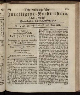 XLIII. Stück. Sonnabends: den 27. October, 1787.
