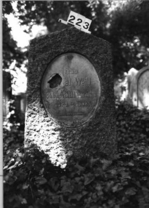 Grabstein 223 (Index: 100085029) Zustand: Schriftplatte beschädigt Maße HxBxT: 140x57x28 cm Beschreibung: Stele, giebelartiger Abschluß, Schriftplatte, oval: Grabstein 223