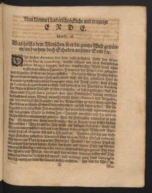 Nun kömmet das erschröckliche und traurige Ende. Matth. 16. ...