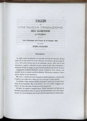 Saggio Di Una Nuova Traduzione Dell' Agamennone Di Eschilo