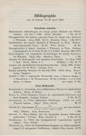 Bibliographie vom 16. Februar bis 30. April 1882.