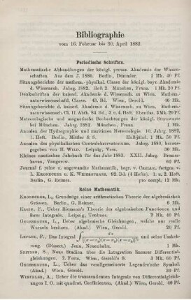 Bibliographie vom 16. Februar bis 30. April 1882.