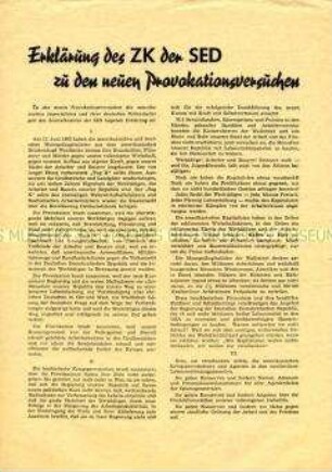 Flugblatt mit der Erklärung des ZK der SED zur Ausgabe von Lebensmitteln für DDR-Bürger in Westberlin nach dem 17. Juni 1953