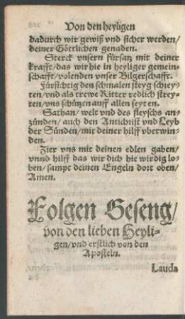 Folgen Geseng/ von den lieben Heyligen/ und erstlich von den Aposteln.