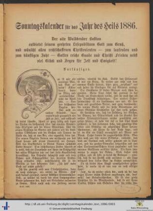 Sonntagskalender für das Jahr des Heils 1886.