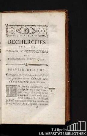 Recherches Sur Les Causes Particulieres Des Phénomenes Électriques. Premier Dicours.