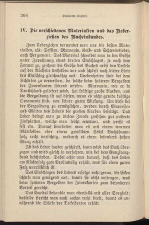IV. Die veschiedenen Materialien und das Ueberziehen des Bucheinbandes.