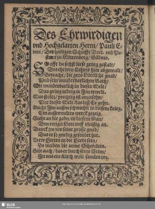 Des Ehrwirdigen und Hochgelarten Herrn, Pauli Eberi, Der heiligen Schrifft Doct. und Pastorn zu Wittenberg, Bildnis