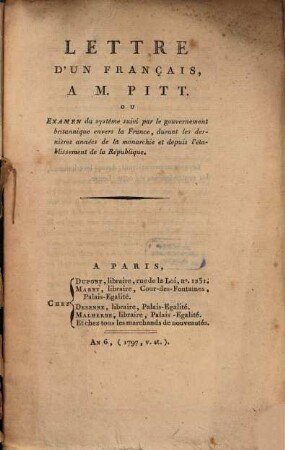 Lettre d'un Français à M. Pitt