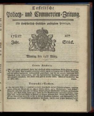 1781tes Jahr. 11tes Stück. Montag den 12ten März