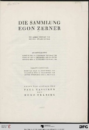 Die Sammlung Egon Zerner : Versteigerung ... 15. Dezember 1924, 16. Dezember 1924