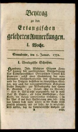 I. Woche (5. Januar 1771)-LII. Woche (28. December 1771): Beytrag zu den Erlangischen gelehrten Anmerkungen