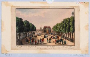 Dresden, Blick von der Hauptstraße nach Süden auf den Neustädter Markt mit dem Reiterstandbild August des Starken und der Neustädter Wache (Blockhaus)