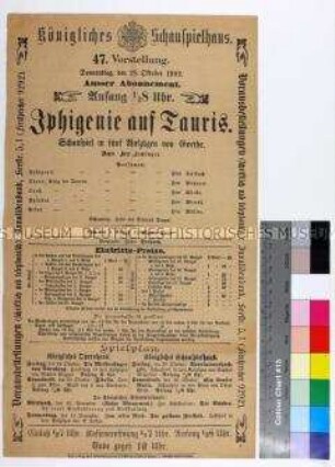 Programm des Königlichen Schauspielhauses Dresden für die Aufführung von "Iphigenie auf Tauris" am 28. Oktober 1909