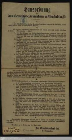 Hausordnung für das Gemeinde-Armenhaus zu Neustadt a. O. : Neustadt a. d. O. 18. Juni 1868