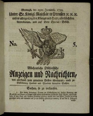 No. 5. Montags, den 29ten Januarii, 1759.