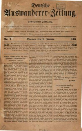 Deutsche Auswanderer-Zeitung, 1867, Jan. - Dez. = Jg. 16