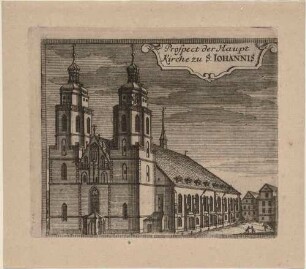 Die Johanniskirche in Zittau in der Oberlausitz im Zustand vor dem Bombardement durch österreichische Truppen gegen die preußische Besatzung am 23. Juli 1757 während des Siebenjährigen Krieges, aus Montalegres Sechs Stadt Zittau