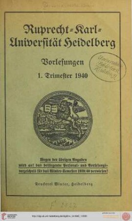 Personal- und Vorlesungsverzeichnis: Vorlesungen 1. Trimester 1940