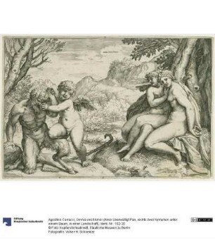 Omnia vincit Amor (Amor überwältigt Pan, rechts zwei Nymphen unter einem Baum, in einer Landschaft)