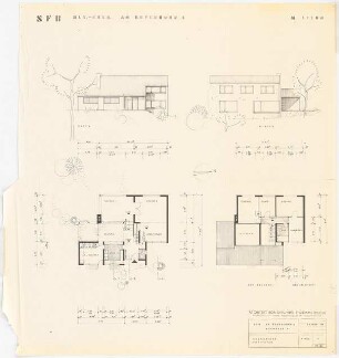 Grünflächen an der Wohnanlage des SFB Am Rupenhorn 4, Berlin-Westend: Wohnhaus A: Ostansicht, Westansicht, 2 Grundrisse 1:100 (Zeichnung des Architekten)