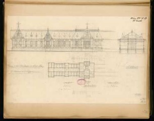 Kurhaus und Badeanlage, Hamm Monatskonkurrenz März 1882: Grundriss, Aufriss Hofansicht und Querschnitt des Seitenflügels; 2 Maßstabsleisten