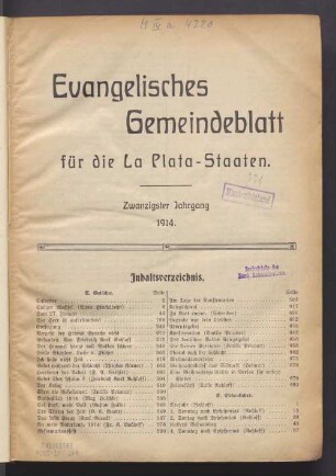 20.1914: Evangelisches Gemeindeblatt für die La Plata-Staaten