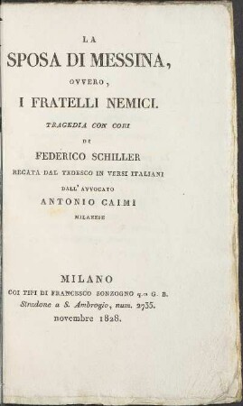 La Sposa Di Messina, Ovvero, I Fratelli Nemici