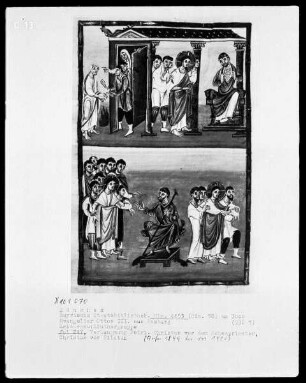 Evangeliar Kaiser Ottos III. aus dem Bamberger Dom — Bildseite mit zwei Miniaturen, Folio 247recto — Verleugnung Petri, Folio 247recto