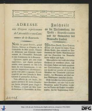 Adresse aux Citoyens représentans de l'Assemblée et aux Communes de la Rauracie.