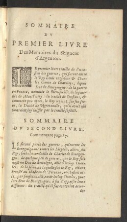 Sommaire Du Premier Livre Des Memoires du Seigneur d'Argenton.