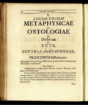 I. Lineae Primae. Metaphysicae seu Ontologiae.