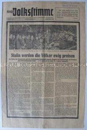 Regionale Tageszeitung der SED "Märkische Volksstimme" zur Beisetzung von Stalin