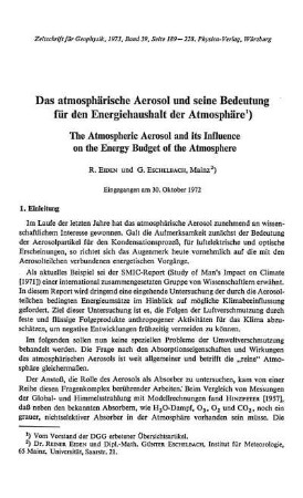 Das atmosphärische Aerosol und seine Bedeutung für den Energiehaushalt der Atmosphäre