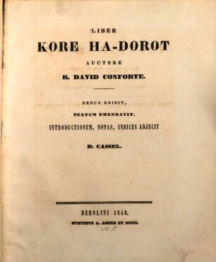 Sefer ḳore ha-dorot : = Liber kore ha-dorot