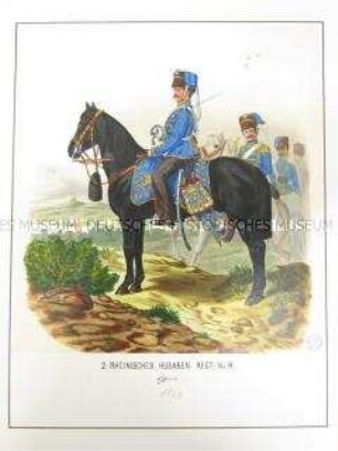 Uniformdarstellung, Offizier des 2. Rheinischen Husaren-Regiments No. 9 zu Pferd, Preußen, 1864. Tafel 63 aus: Schindler: Militair-Album.