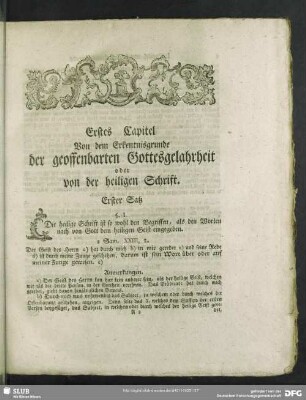 Erstes Capitel. Von dem Erkentnisgrunde der geoffenbarten Gottesgelahrheit oder von der heiligen Schrift