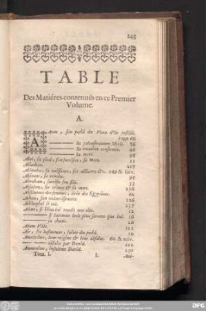 Table Des Matiéres contenuës en ce Premier Volume.