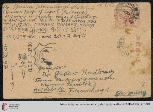 Nachlass Gustav Radbruch. Korrespondenz Theodor Sternberg/Gustav Radbruch: Karte von Theodor Sternberg an Gustav Radbruch