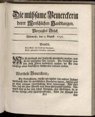 Vierzigstes Stück. Mittwoch, den 15. August. 1736.