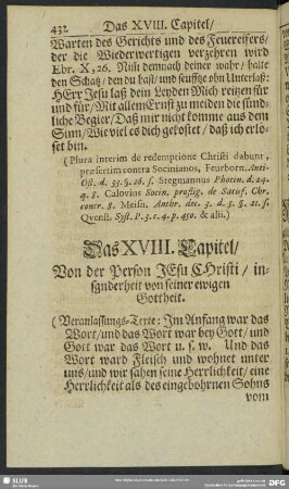 Das XVIII. Capitel, Von der Person Jesu Christi, insgnderheit [insonderheit] von seiner ewigen Gottheit