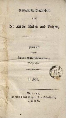 Kurzgefaßte Nachrichten von der Kirche Säben und Brixen, 1