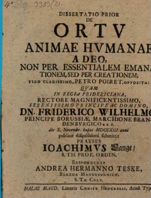 Diss. ... de ortu animae humanae a Deo, non per essentialem emanationem, sed per creationem, Prior