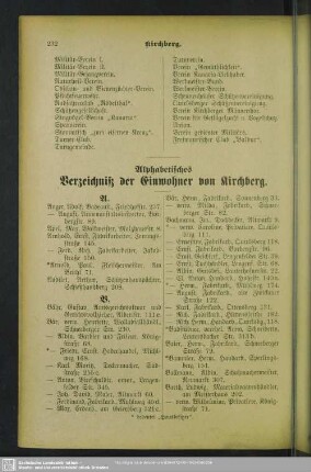 Einwohnerverzeichnis : Alphabetisches Verzeichniß der Einwohner von Kirchberg