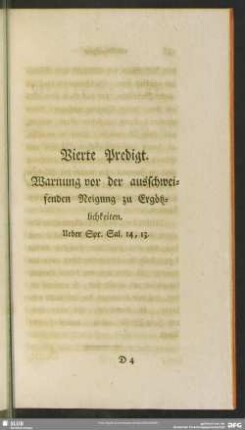 Vierte Predigt. Warnung vor der ausschweifenden Neigung zu Ergötzlichkeiten. Ueber Spr. Sal. 14, 13