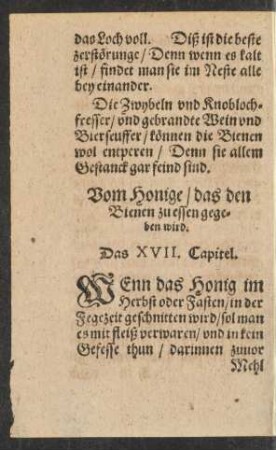 Vom Honige/ das den Bienen zu essen gegeben wird. Das XVII. Capitel.